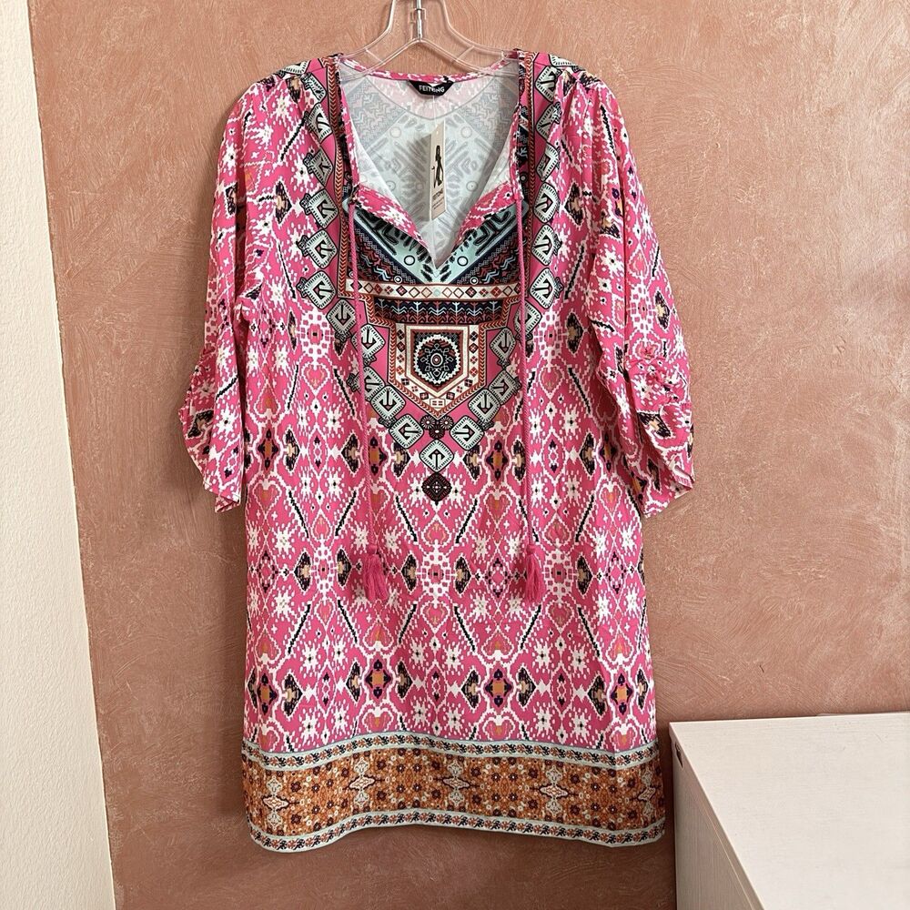 Feitong Women’s Boho Short Sleeve V-Neck Tie Front Knee Length Dress Size L
